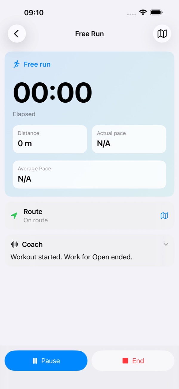 Run Buddy AI active Free Run showing route status and map access