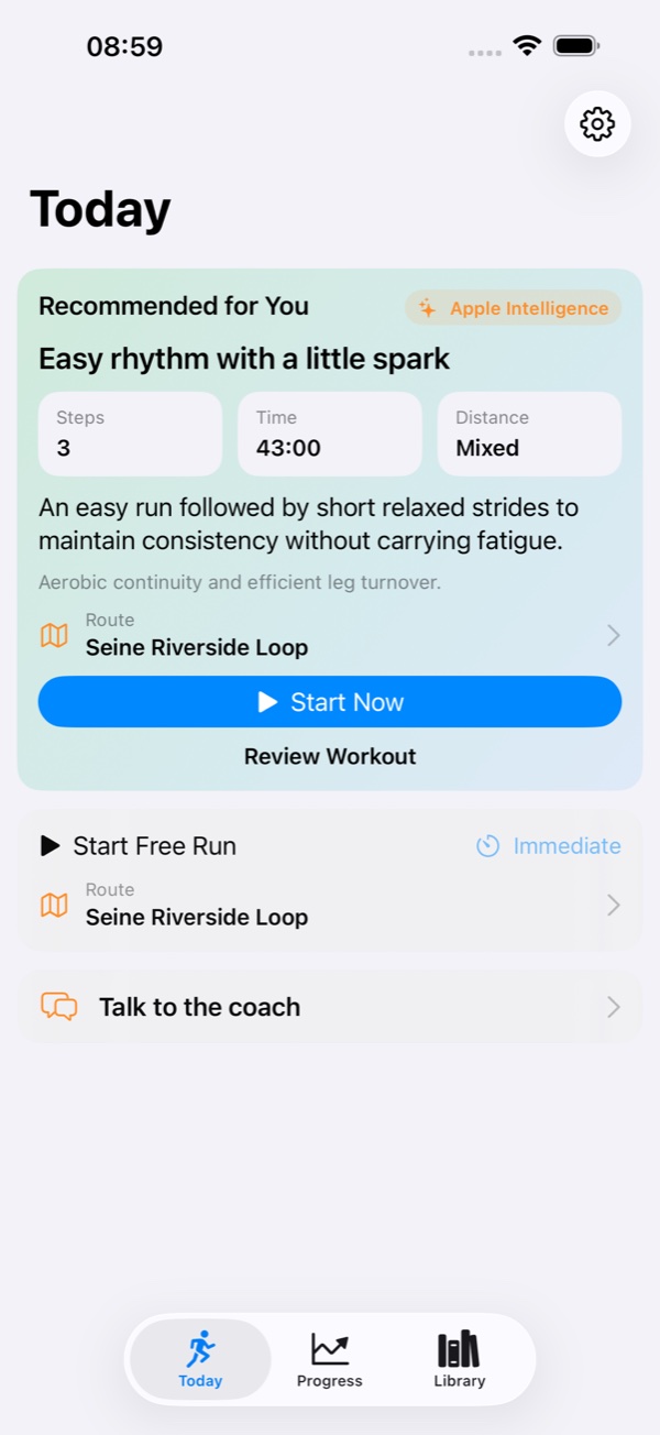 Run Buddy AI Today screen with a selected GPX route for a recommendation and Free Run