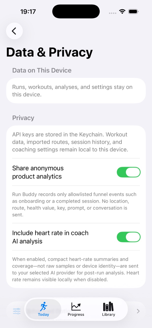 Run Buddy AI data and privacy settings
