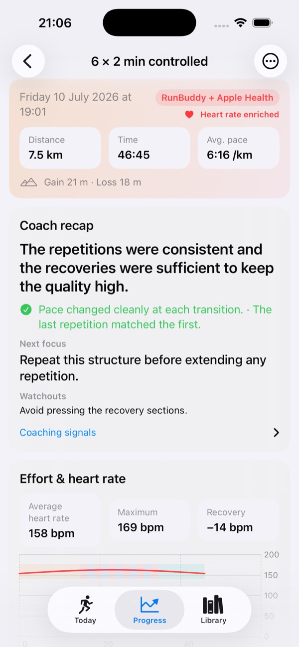 Completed Run Buddy workout enriched with Apple Health heart-rate information