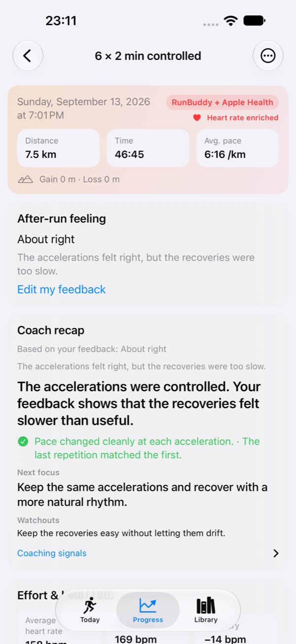 Completed Run Buddy workout with a quick rating, written feedback, and coach recap