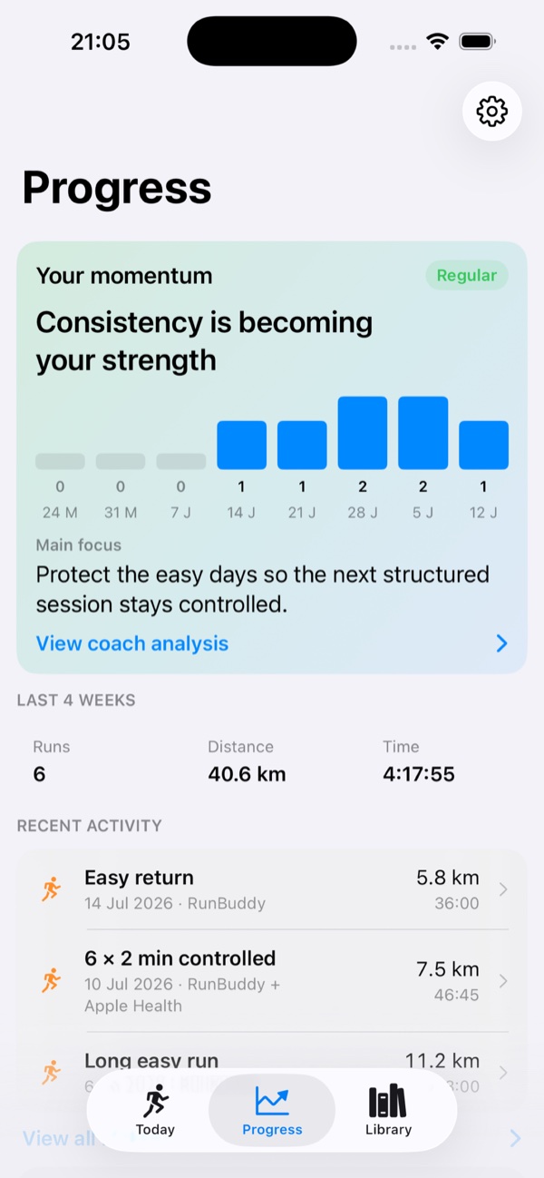Run Buddy AI Progress screen with recent consistency and training history