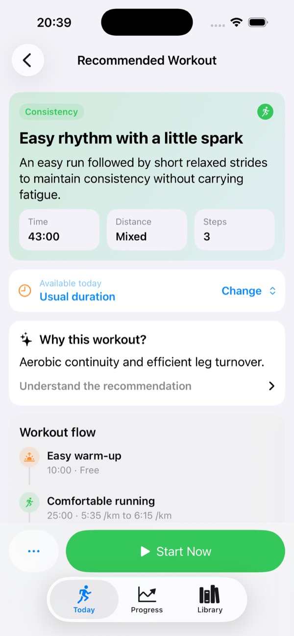 Detailed Run Buddy AI workout recommendation with coach intent and workout steps