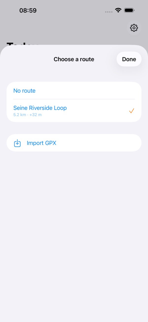 Run Buddy AI route picker with no route, a saved GPX route, and GPX import