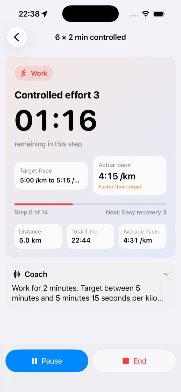 Run Buddy AI active workout screen showing the current step, target pace, and controls