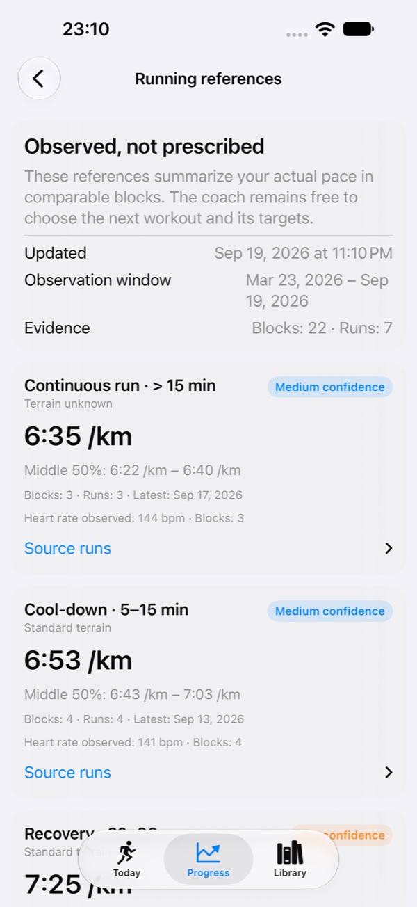 Run Buddy AI Running references screen showing observed pace ranges