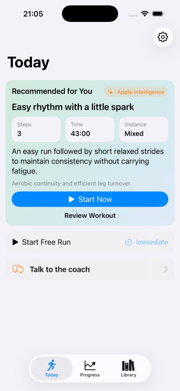 Run Buddy AI Today screen with the recommended workout and Free Run action