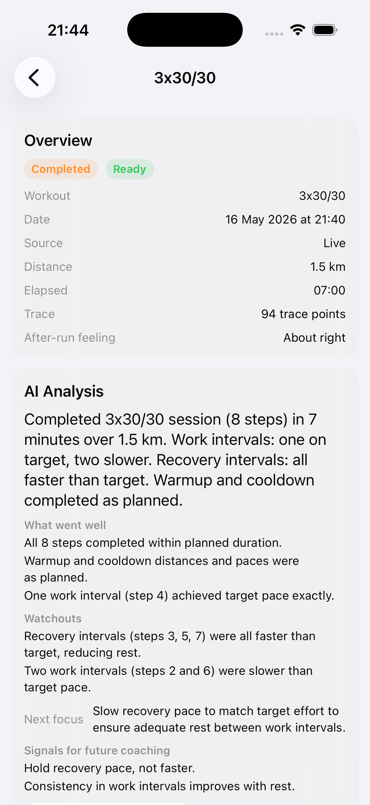 Run Buddy AI post-run analysis screen