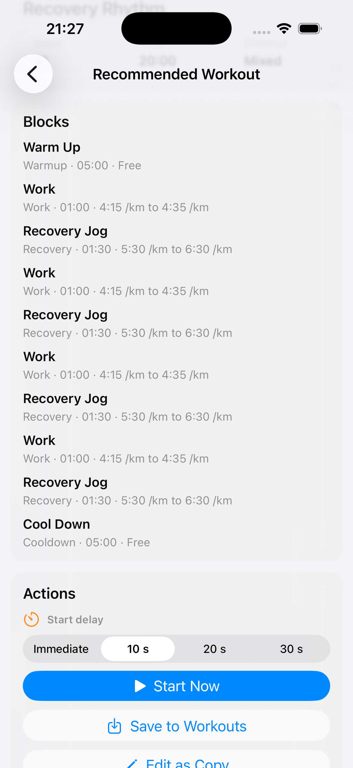 Run Buddy AI recommended workout screen