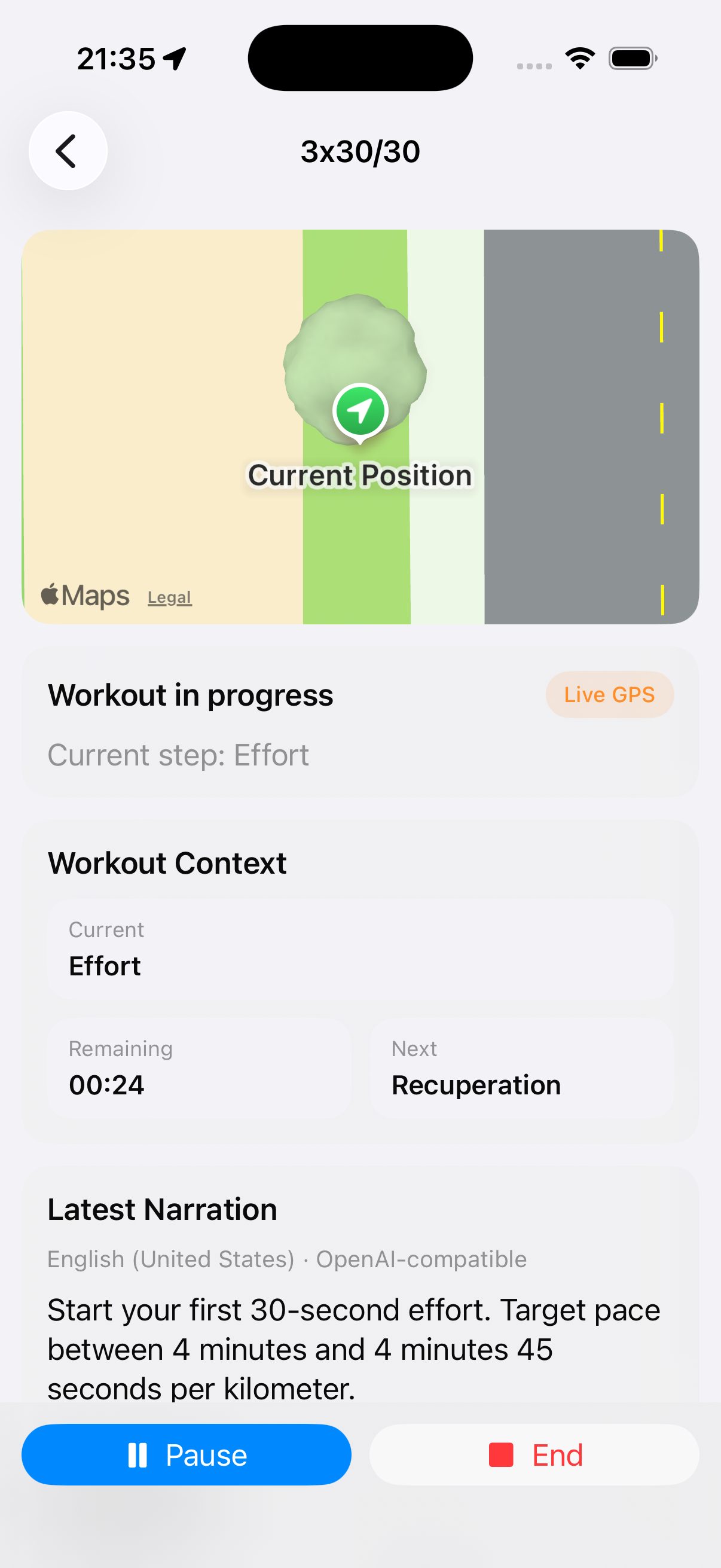 Run Buddy AI live running effort screen with workout progress