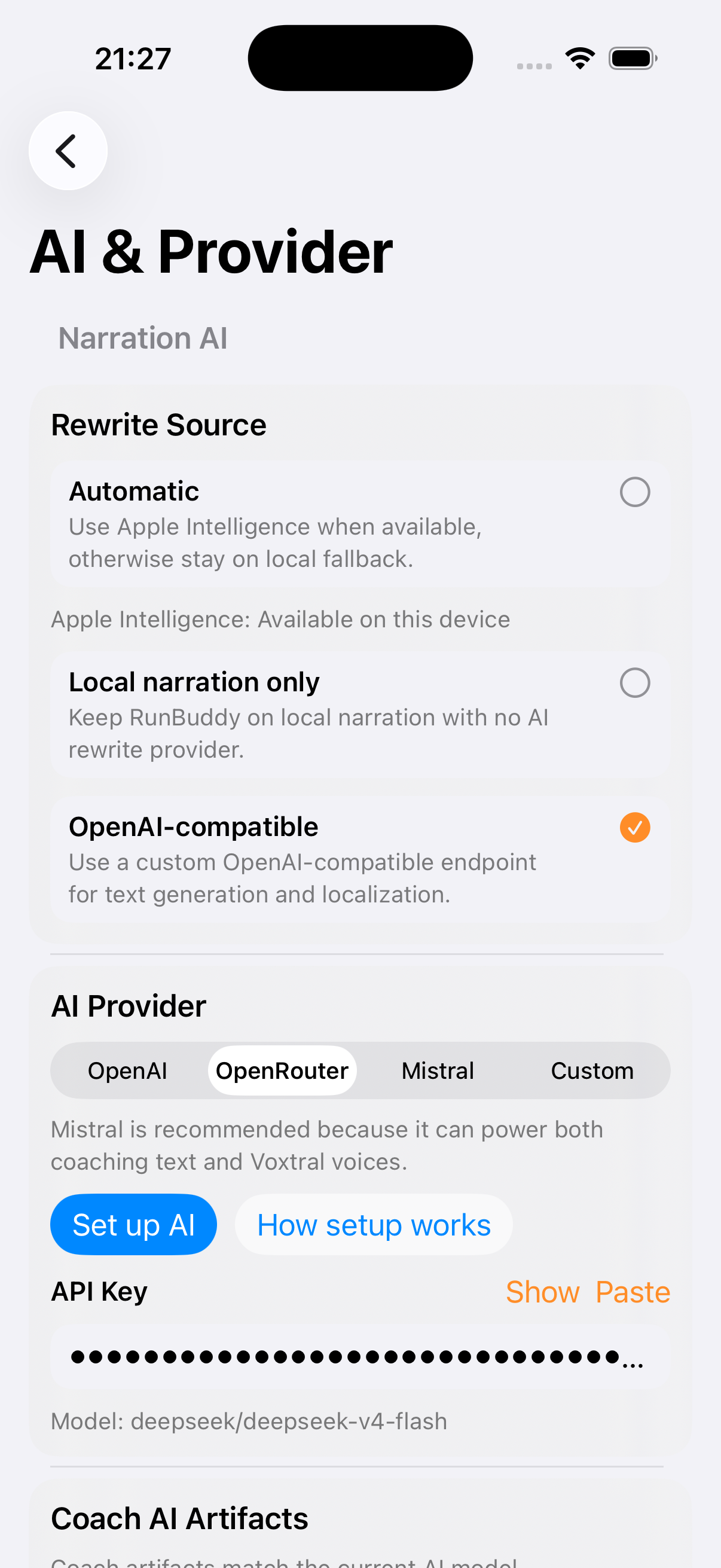 Run Buddy AI AI provider setup screen with OpenRouter selected