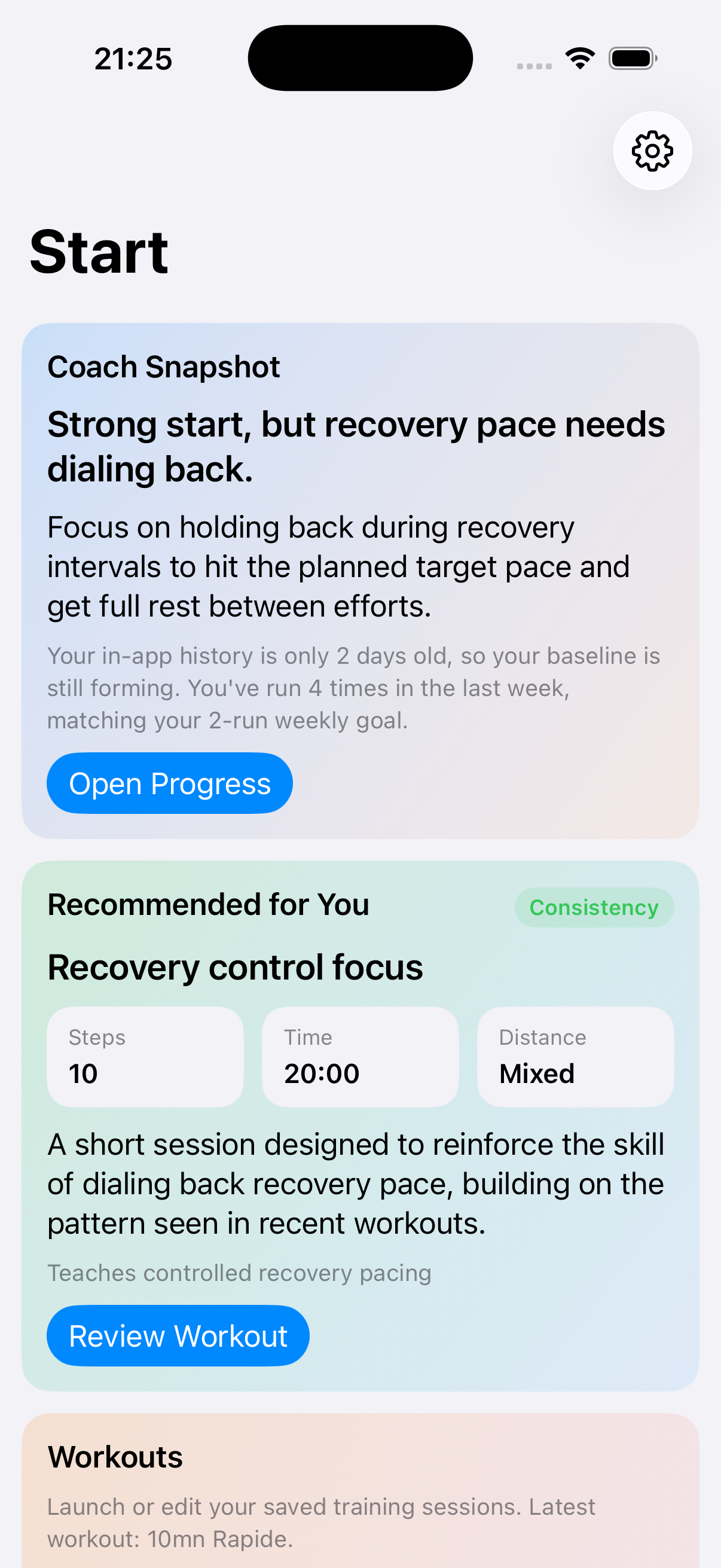 Run Buddy AI start screen with coach snapshot and recommended workout